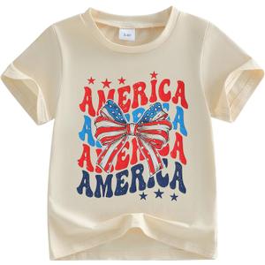 Kids Toddler Girls 4th of July T-Shirt Short Sleeve Patriotic Coquette Bow American Flag Independence Day Top, 1-2 Yrs