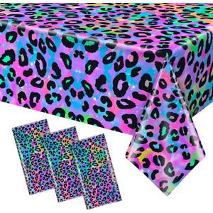 3 Pcs Neon Rainbow Leopard Birthday Tablecloth Disposable Plastic Girl's Sparkly Paint Splatter Cheetah Party Table Cover for Rainbow Leopard Print Pattern Birthday Party Supplies