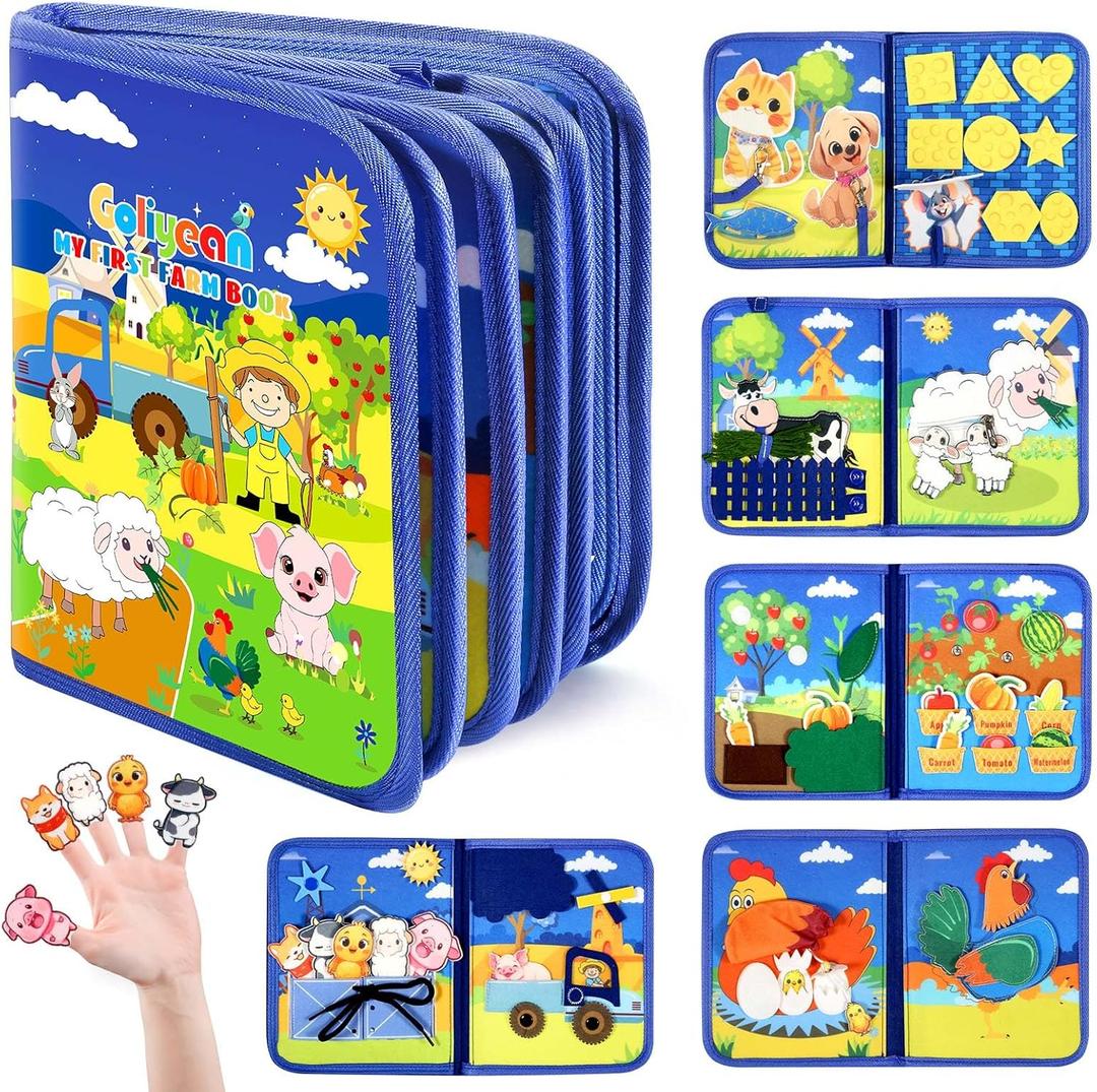 GOLIYEAN Montessori Busy Book for Toddlers 1-3, Busy Board Montessori Toys for 1 Year Old Boy Birthday Gifts, Educational Learning Sensory Activity Books, Quiet Book Travel Toys for Airplane Car (Blue)