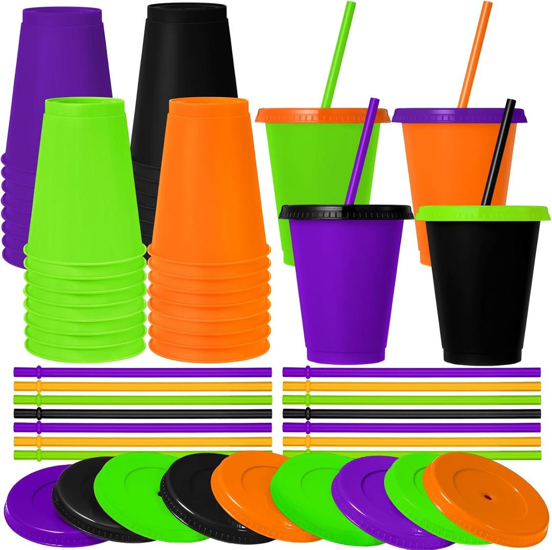 Skylety 16 Pcs Plastic Cups with Lids and Straws 16 oz Plastic Cups Coffee Reusable Tumbler Water Bottle Holiday Christmas Party Supplies Gifts for Drinking Coffee Cocoa(Halloween Color)