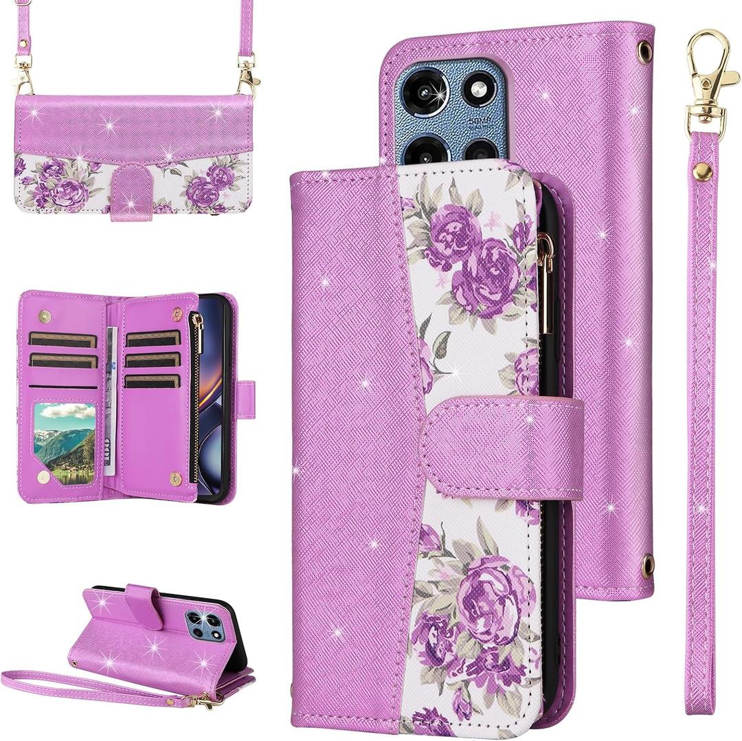 for Motorola Moto G 5G 2025 Floral Flip Zipper Wallet Case Purple | Girl, Wrist/Shoulder Strap, Luxury Glitter PU Leather Purse, Card Holder Stand, Accessories, Phone Cover for G5G 5 G G5 Women