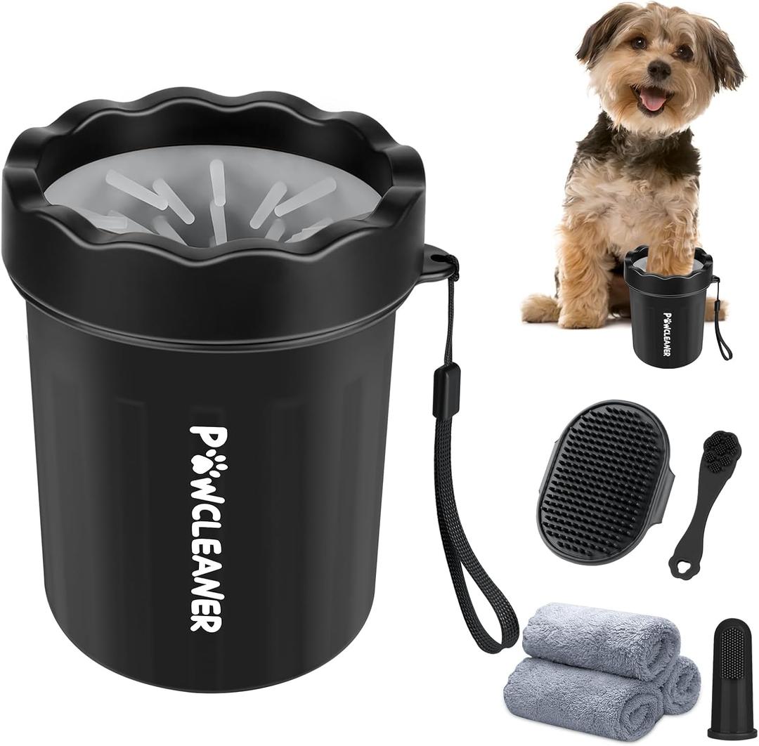 Professional 7 in 1 Dog Paw Cleaner for Dogs & Cats - Includes 1 Portable Paw Washer, 1 Bath Brush, 2 Dog Toothbrushes and 3 Absorbent Towels Note: Fits Paws up to 2 Inches Wide (Small, Black)