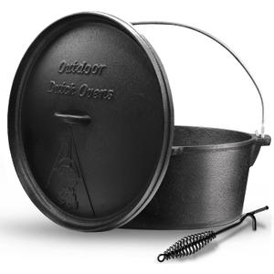 Camping Dutch Oven,12 Qt Pre-Seasoned Cast Iron Camp Dutch Oven Pot with Lid - Lid Lifter, Cast Iron Dutch Oven with Metal Handle for Cooking BBQ Baking Campfire Modern, Black