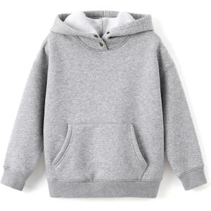 PATPAT Boys Thermal Hoodie, Cotton Fleece Pullover Sweatshirt with Kangaroo Pocket, Solid Color, Ages 6-12 (6-7 Years, Grey)