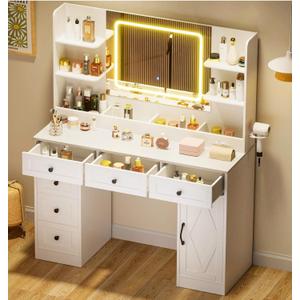 COMHOMA Makeup Vanity Desk with Mirror and Lights, Large Vanity Table with 6 Drawers & 1 Storage Cabinet, White Bedroom Dresser Table for Girls, 3 Color Modes Adjustable Mirror, White