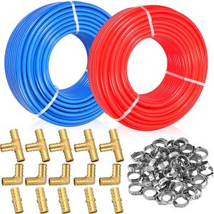 Landhoow 1/2" 2 x 100 Ft Pex-a Pipe/tubing (Total 200 Ft), Blue and Red, with 1/2" 15 Pcs Brass Expansion Fittings and 50 Pcs Pex Expansion Rings for Hot/Cold Water Plumbing
