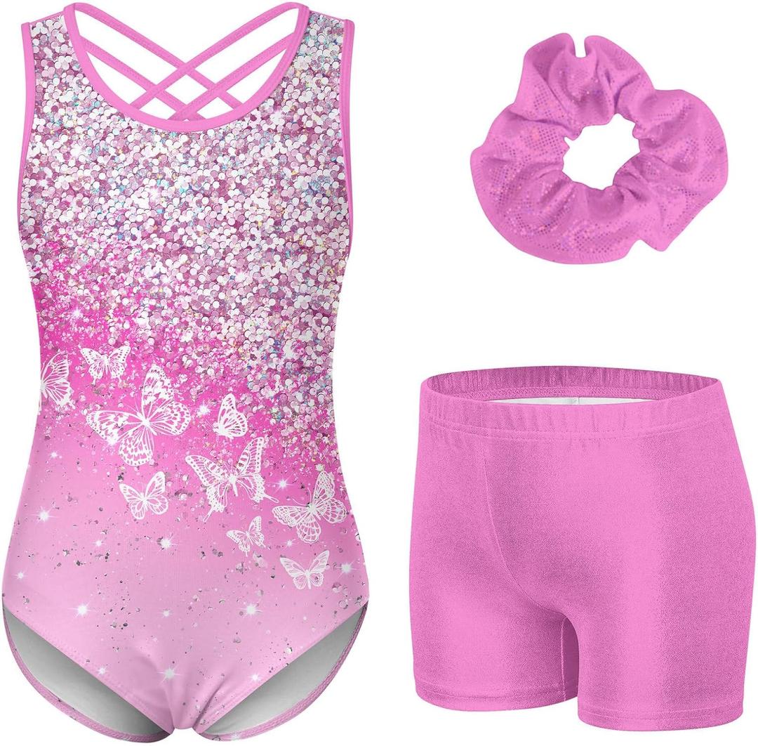 Idgreatim 5-10 Years Gymnastics Leotards for Girls Shiny tumbling outfits with Shorts Unitards Biketards (8-9 Years, Pink White)