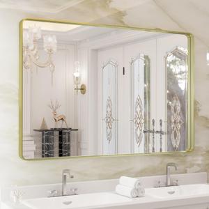 WEER Gold Bathroom Mirror, 48X32 Inch Brushed Gold Metal Frame Mirror, Rounded Rectangle Gold Bathroom Vanity Mirror for Wall, Tempered Glass, Anti-Rust, Hangs Horizontally or Vertically