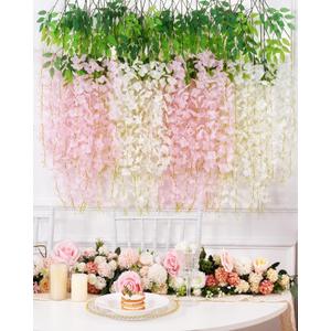 Waipfaru 36 Pack Wisteria Hanging Flowers, White Light Pink Wisteria Artificial Flowers, 3.6 Feet/Pcs Fake Flowers Garland Vines for Bedroom Wedding Home Party Wall Decoration