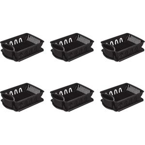 Sterilite Large 2 Piece Sink Set, with Drainboard for Drying, Holds Clean Dishes in the Kitchen such as Plates, Cups, and Silverware, Black, 6-Pack