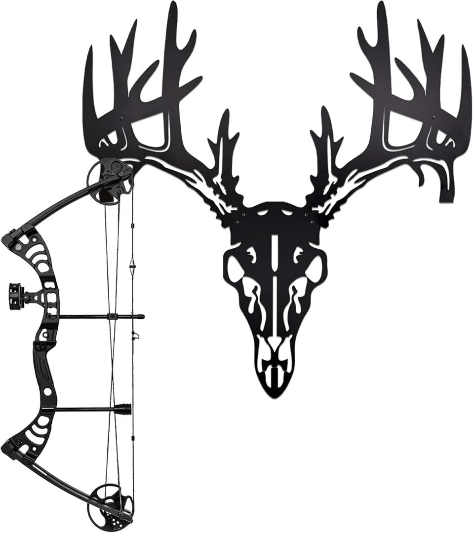 Deer Skull Wall Mount & Bow Rack  Iron Archery Bow Holder for Hunting Decor, Compact Rustic Wall Hanger