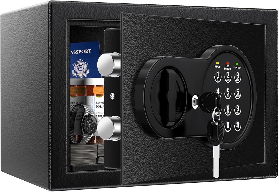 Mitlvge Safe Box with Fireproof Waterproof Bag, Home Safe with Keys & Pass Code & Wall Mount Kits, Money Safe with Smart Alert System for Money, Jewelry, and Documents, 0.5 Cu ft