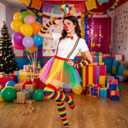 7pcs Clown Costume with Rainbow Tutu Clown Nose Face Stickers Feather Headband and Rainbow Socks Gloves Suspenders