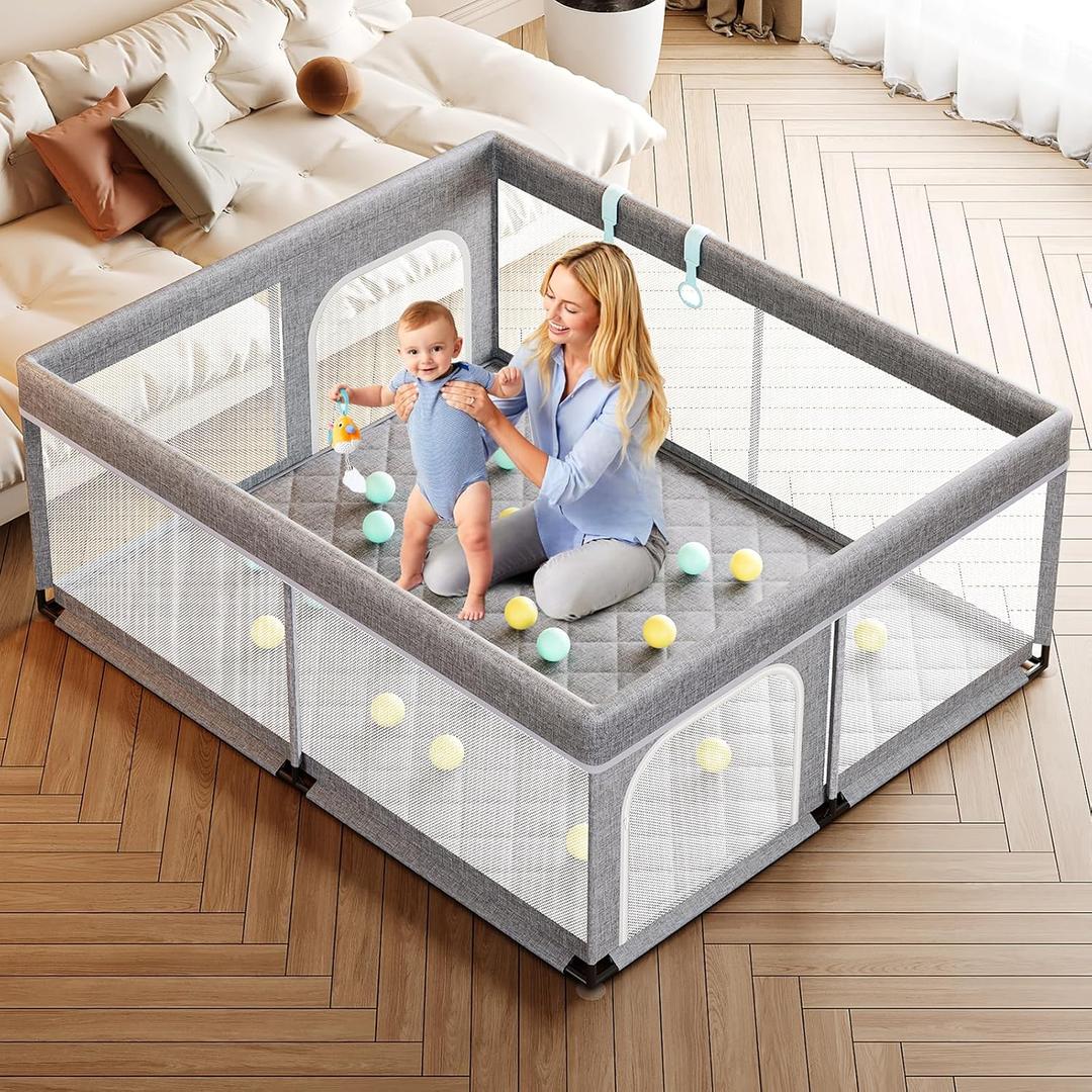 Large Baby Playpen with mat 71x59inch - Indoor Safety Playpen for Babies and Toddlers with Mat, Soft Breathable Mesh, All-Wrapped Sponge, Sturdy Play Yard with Stable Mat and Magic Sticker (71x59 Inch with Mat)