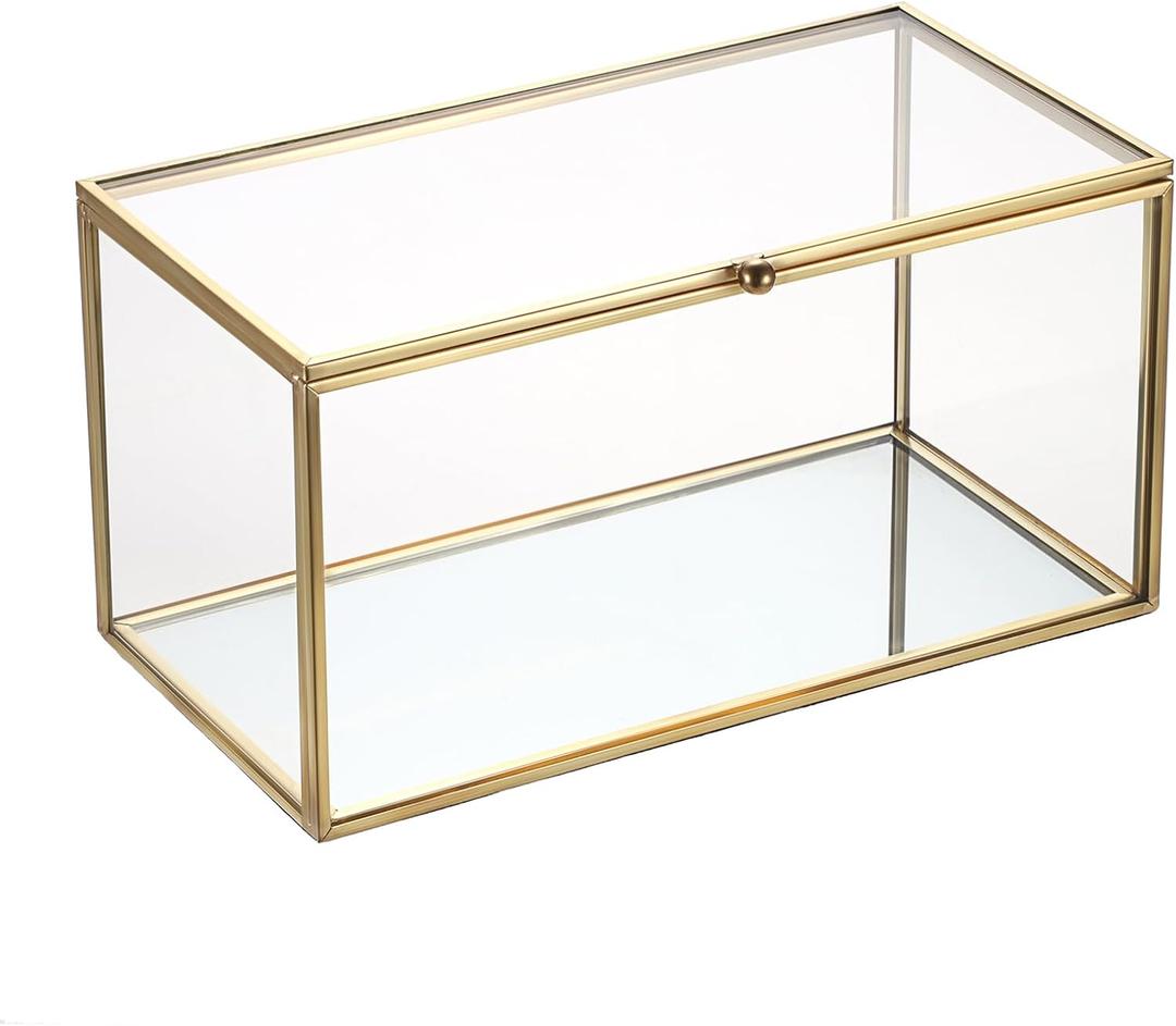 Hipiwe Gold Glass Decorative Rectangular Keepsake Shadow Box - Mini Garden Jewelry Display for Wedding Cards, Trinkets, Photos & Perfume - 8.3"x4.3"x4.3"