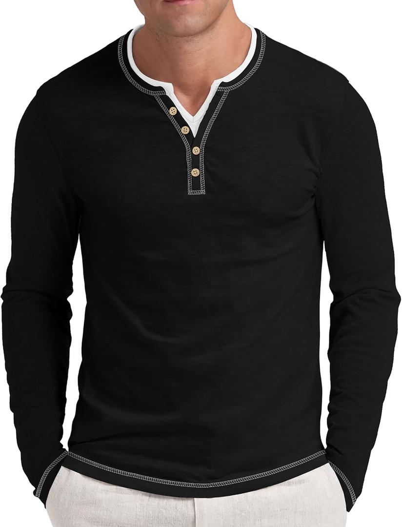 Aimeilgot Mens Henley Long Sleeve Shirts Front Placket Casual T-Shirts Washed Soft Classic Tee, 2XL 