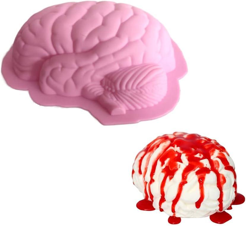 Silicone Brain Mold - 3D DIY Brain Shaped Mould for Fondant, Cake, Puddings, Chocolates, Sugar, Ice Cubes & Halloween (Pink)