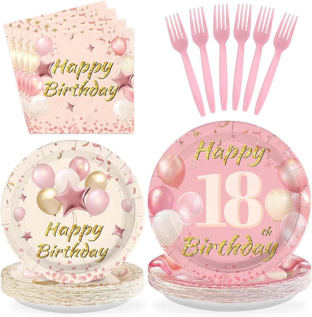 96Pcs Blush Beige 18th Birthday Decorations Boho Dusty Pink Plates and Napkins Disposable Pink Rose Gold 18 Happy Birthday Tableware Set for Girls 18 Years Old Party Supplies, Serves 24