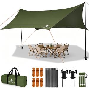 Camping Tarp with Poles & Retainer, 15x12.5FT Large Waterproof 210D Oxford Cloth Camping Canopy, Anti-UV UPF100+ Camping Awning Tent Tarp Car Awning for Outdoor, Picnic, Car, Hammock (Army Green)