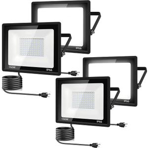 4Pack LED Flood Light Outdoor,150W LED Work Light 15500lm with 6FT US Plug, IP66 Waterproof Exterior Security Lights, 6000K Daylight White Outside Floodlights Slim Design for Playground Yard