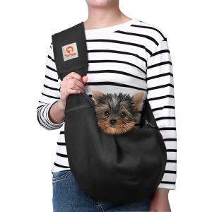 Tomkas Small Dog Sling Carrier - Adjustable Strap & Zip Pocket - Suitable for Puppies (Black)
