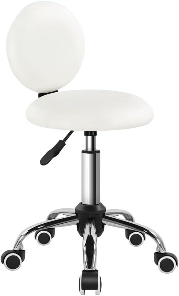 FURWOO Mini Round Rolling Stool with Back Height Adjustable Stool on Wheels for Spa Salon Massage White