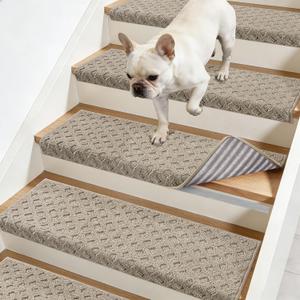 JSEI Bullnose Carpet Stair Treads, 14 Pcs Non Slip Stair Treads for Wooden Steps Indoor with TPE Backing, 11" x 30" Machine Washable Stair Runners with Edge Protection for Kids, Elders and Pets, Beige