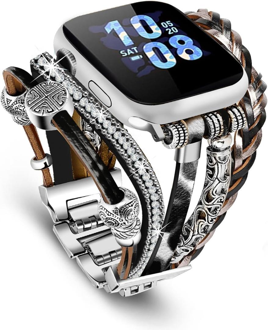 Compatible with Apple Watch Band 40mm for Women, Boho Bracelet for Apple Watch 38mm 41mm, Multilayer Leather Wrap Braided Strap for iWatch Series 10(42mm) Leopard Black