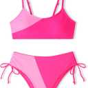 FoWear Girls Swimsuits Bikini Set 2 Pieces Rose Powder Patchwork Color Block Bikini with Adjustable Shoulder Strap Girls Bathing Suits Size 8-10 Rose Pink