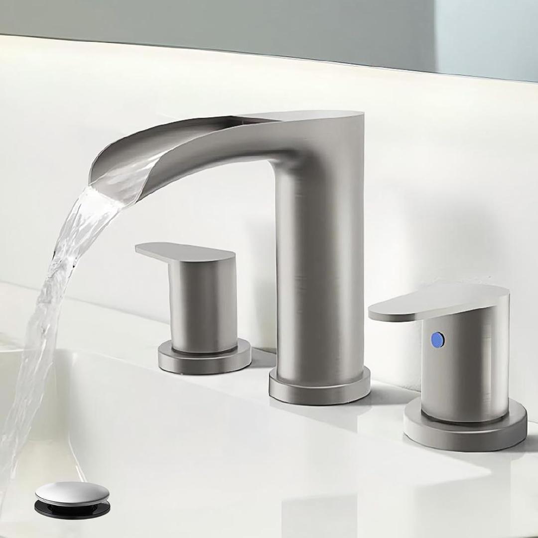 Brushed Nickel Bathroom Faucets - Waterfall 8 Inch Widespread Bathroom Sink Faucet, 2 Handles Vanity Faucets 3 Holes for Lavatory Restroom RV Bathtub with Pop Up Drain & Supply Lines