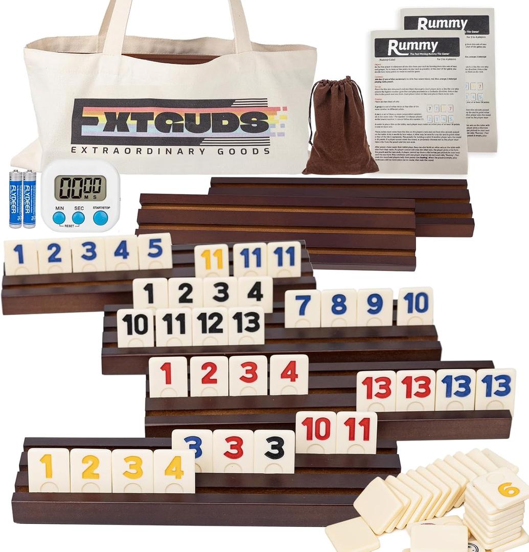 Extguds 6 Player Rummy Cube Game Set, Classic Large Tiles Rummy Cube Game, with 6 Wooden Racks/Trays, 160 Rummy Tiles, Portable Canvas Bag, 1 Timer, 1 Storage Bag,for Family and Party