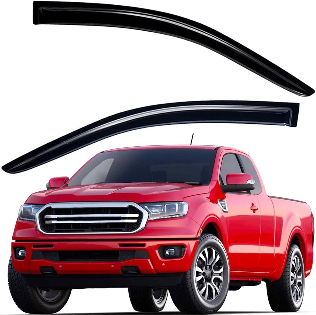 Lightronic Extra Durable Outside Mount Auto Vent Window Visor, Fits 2019-2023 Ford Ranger SuperCab, 2019-2025 Ranger SuperCrew, UV Protection Rain Guard, Original Wind Deflector, Dark Smoke, 2-Pcs