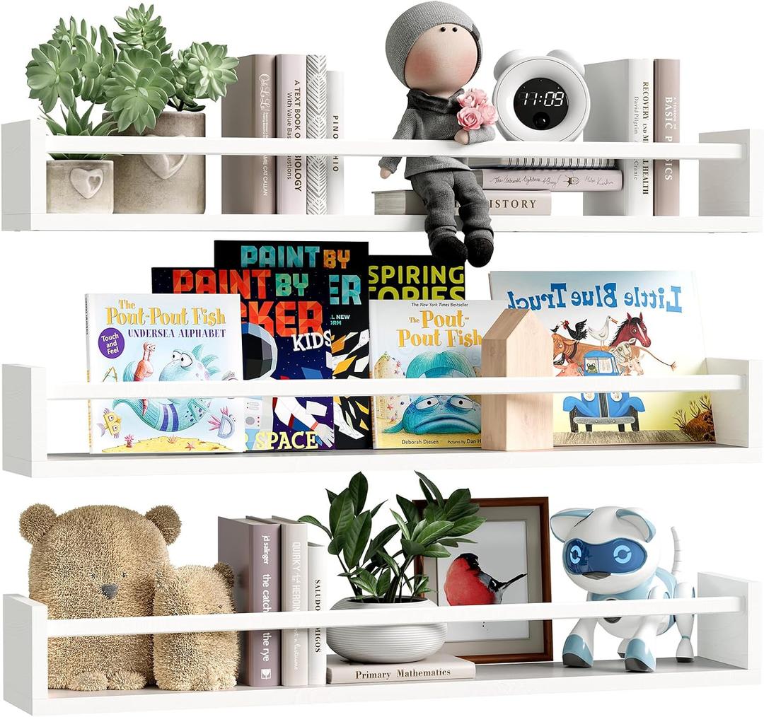 Fixwal Nursery Book Shelves, 23.6 Inch Floating Bookshelf for Wall, Set of 3, Nursery Decor, Solid Wood Wall Mounted Shelves for Books, Toys and Decor Storage (White), 23.6in*4.5in*3.93in