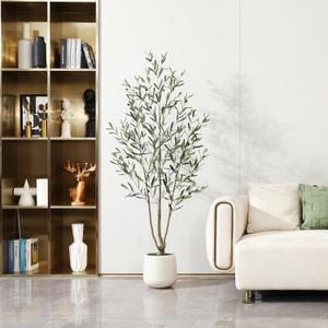 Artificial Olive Tree 6FT-Faux Olive Trees with Realistic Silk Leaves & White Planter - Tall Fake Plant with Natural Trunk for Indoor Use,Faux Plants Fake Moss for Living Room, Office, Home Decor