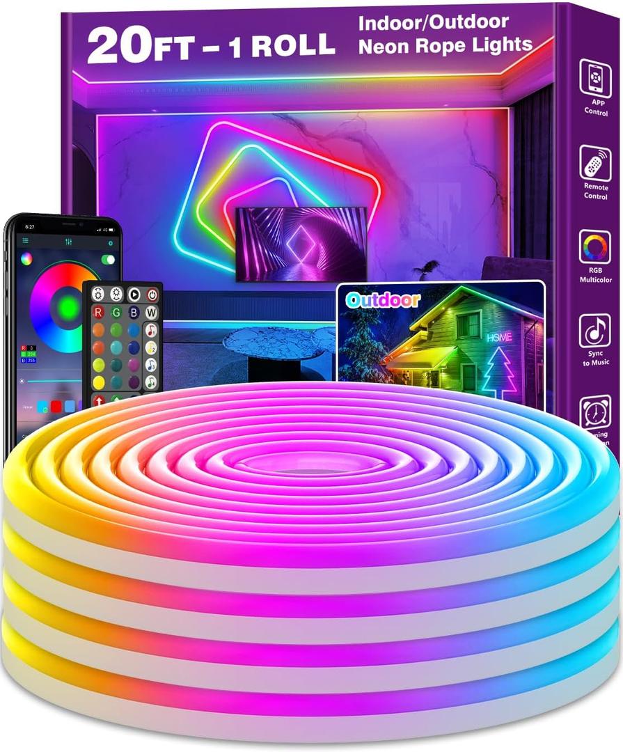 AILBTON 20Ft Neon Rope Lights,Flexible Led Rope Lights Control with App/Remote,Multiple Modes Music Sync Gaming RGB Led Neon Lights for Bedroom Outdoor