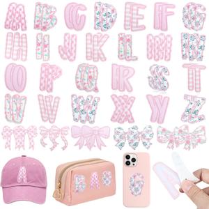 NICEVINYL Self-Adhesive Letter Patches for Backpacks: 62Pcs Pink Letters Fabric Stickers Patches for Bags - Cute Bows Patch Stick on Clothing Jackets Jeans Backpacks Hats DIY Accessories, 2.2inch