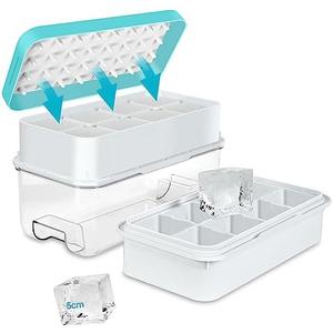 Large Ice Cube Tray, Easy Release Press Ice Cube Moulds, No Overflow Ice Cube Maker and Storage Container All in One, Perfect for Whiskey, Cocktail, for 16 Large Ice Cubes(5cmx5cmx4.5cm), Blue