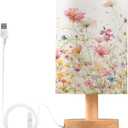 Kigai Wildflowers Bedside Table Lamp for Bedroom LED Nightstand Light Wood Base Desk Lamp with Fabric Shade & USB Ports for Nursery, Living Room, Dorm Office