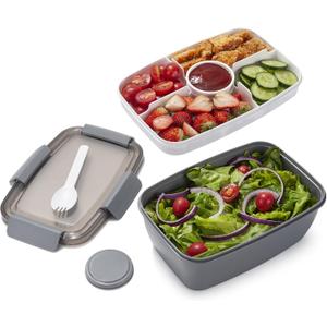 Freshmage Salad Lunch Container To Go, 68-oz Grey-XL, Leak-proof Lid, 4 Compartments, Sauce Container, Safe Material, Easy Carry