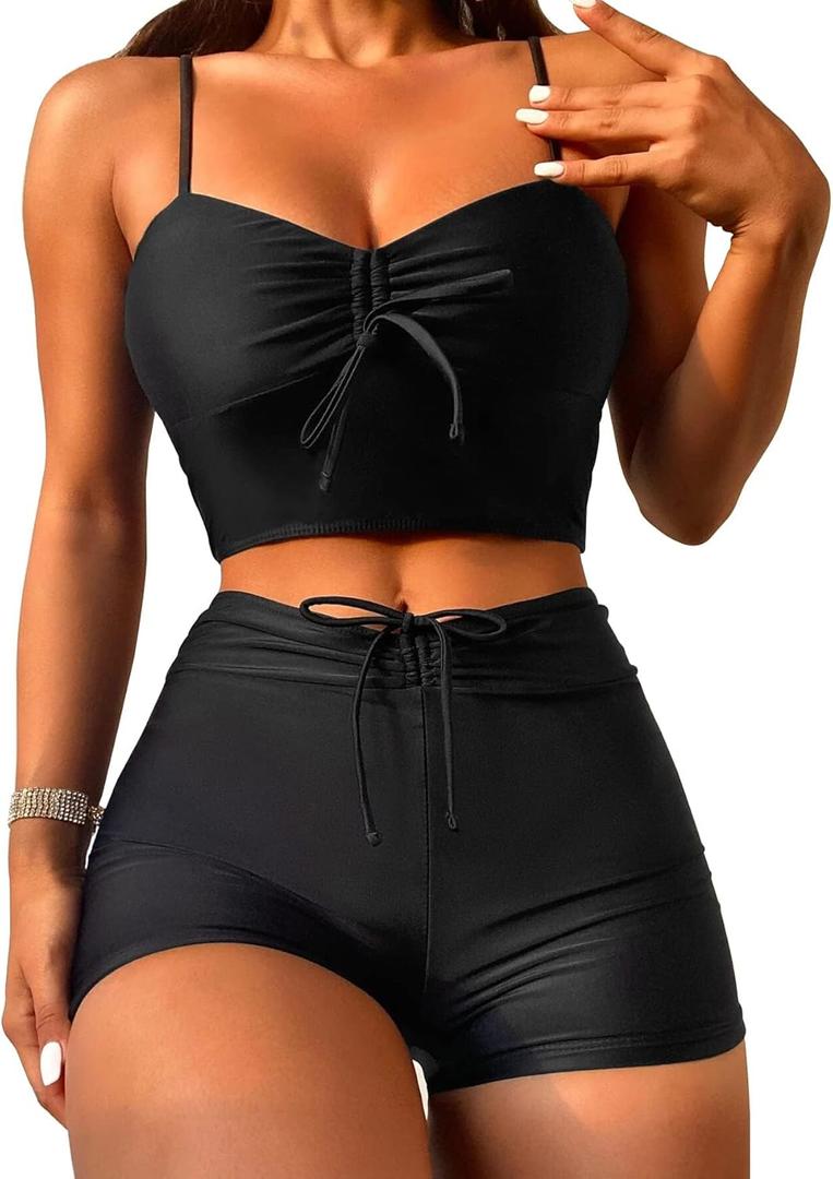 Lilosy Drawstring High Waisted Bikini Set Srting Swimsuit Spaghetti Strap Cami Top and Tie Side Shorts 2 Piece (Large, Black)