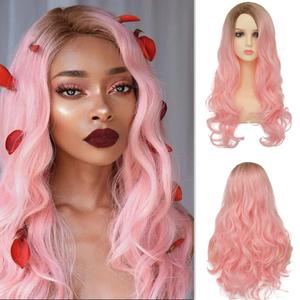 Pink Wigs for Women Dark Roots Hairs Long Curly Wavy Light Pink Loose Natural Wig Synthetic Cosplay Wigs