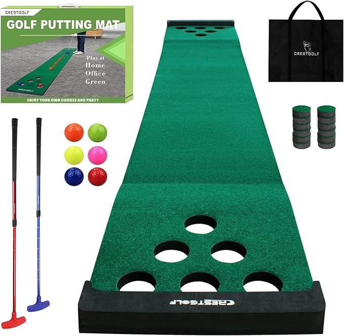 Crestgolf Mat Game Set Green Mat, Putting with 2 Adjustable Putters, 6 Golf Balls,12 Golf Hole Covers for Indoor&Outdoor Short Game Office Party Backyard Use