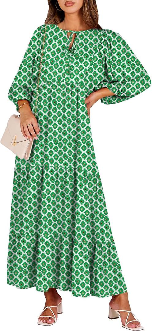 ANRABESS Womens Boho Maxi Dresses 2026 Summer V Neck Puff Sleeve Floral Flowy Swing Fall Casual Long Dress (Green, S)
