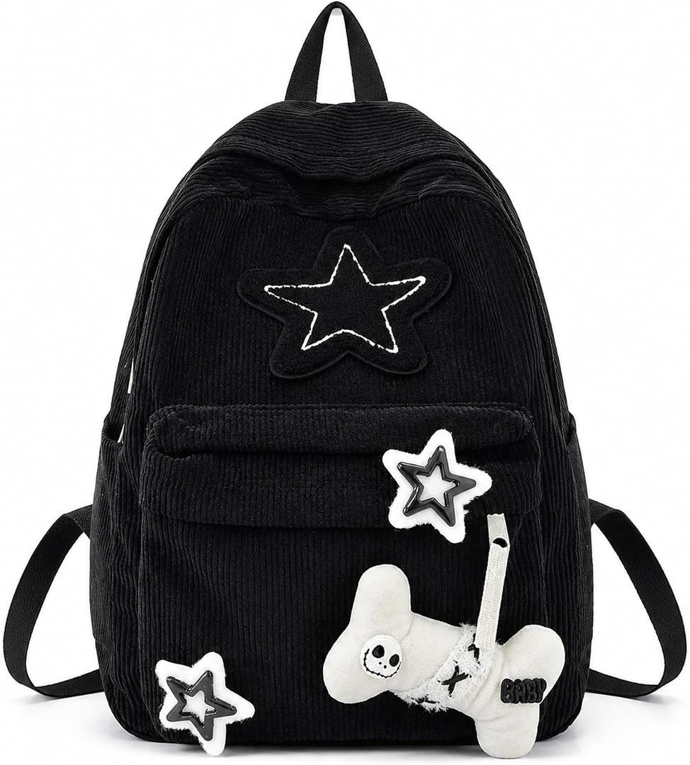 Y2K Star Corduroy Backpack for Teens - Cute Aesthetic Laptop Bookbag for School, College, Travel (Black, Fits 15.6"), Medium