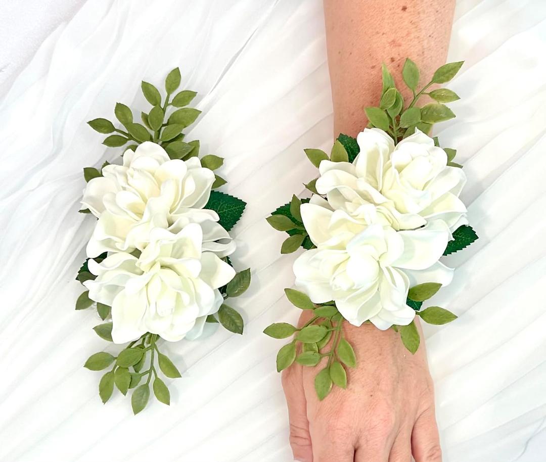 Flaural 2pc Ivory Wrist Corsage, Faux Silk Flowers, Handmade USA, Prom Wristlet, Artificial Wedding Flowers, Ivory Corsage Pearl, Floral (2pc Ivory Corsages)