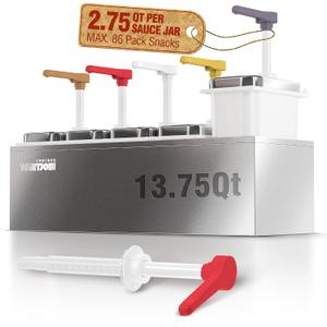 WantJoin 13.75QT Sauce Dispenser with 5 Jars - 2.75QT/2.6L Stainless Steel Condiment Pump Station, Commercial Dispenser for Ketchup, Salad Dressing