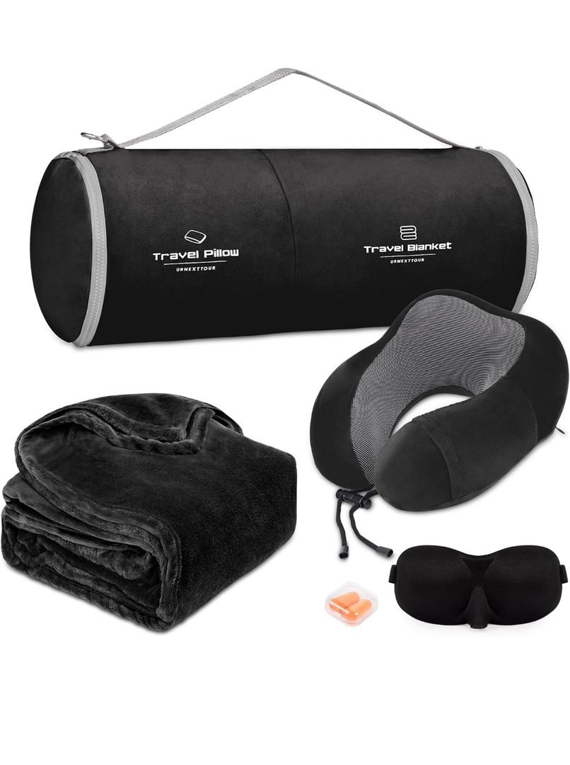 Travel Pillow and Blanket Set Neck Pillows Travel Essentials with Sleep Mask for Airplane Car Memory Foam Black