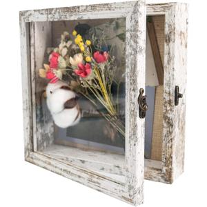 GraduationMall 8x8 Wood Shadow Box Frame Glass Door Display Case with Linen Back and 6 Stick Pins,1.5 inches Interior Depth,Ideal for Memorabilia Pictures Flowers Medals Tickets Rustic White