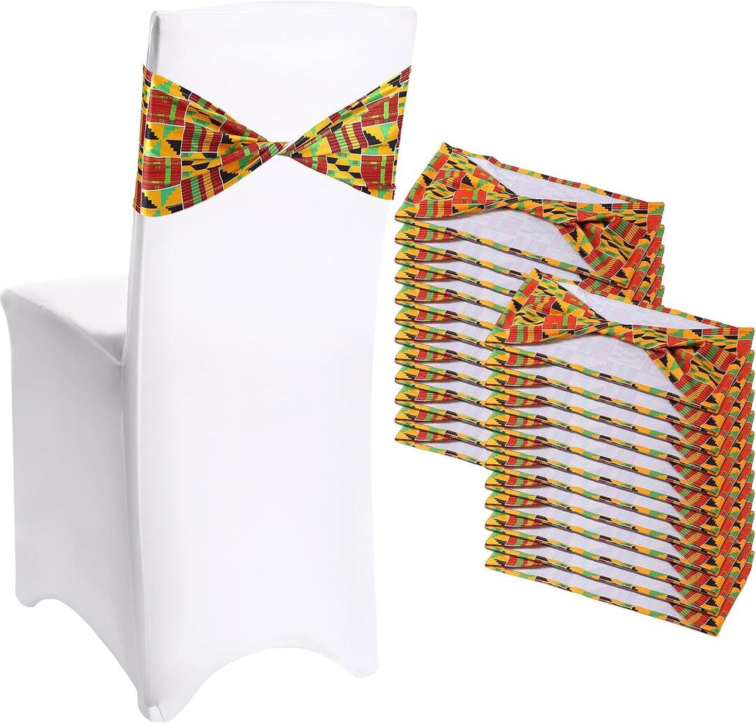 Newwiee 24 Pcs African Kente Chair Sashes Spandex African Kente Chair Covers Animal Print Elastic Chairs Sashes Bow Polyester Bands Ties Without Buckle for Animal Safari Theme Party Birthday Decor