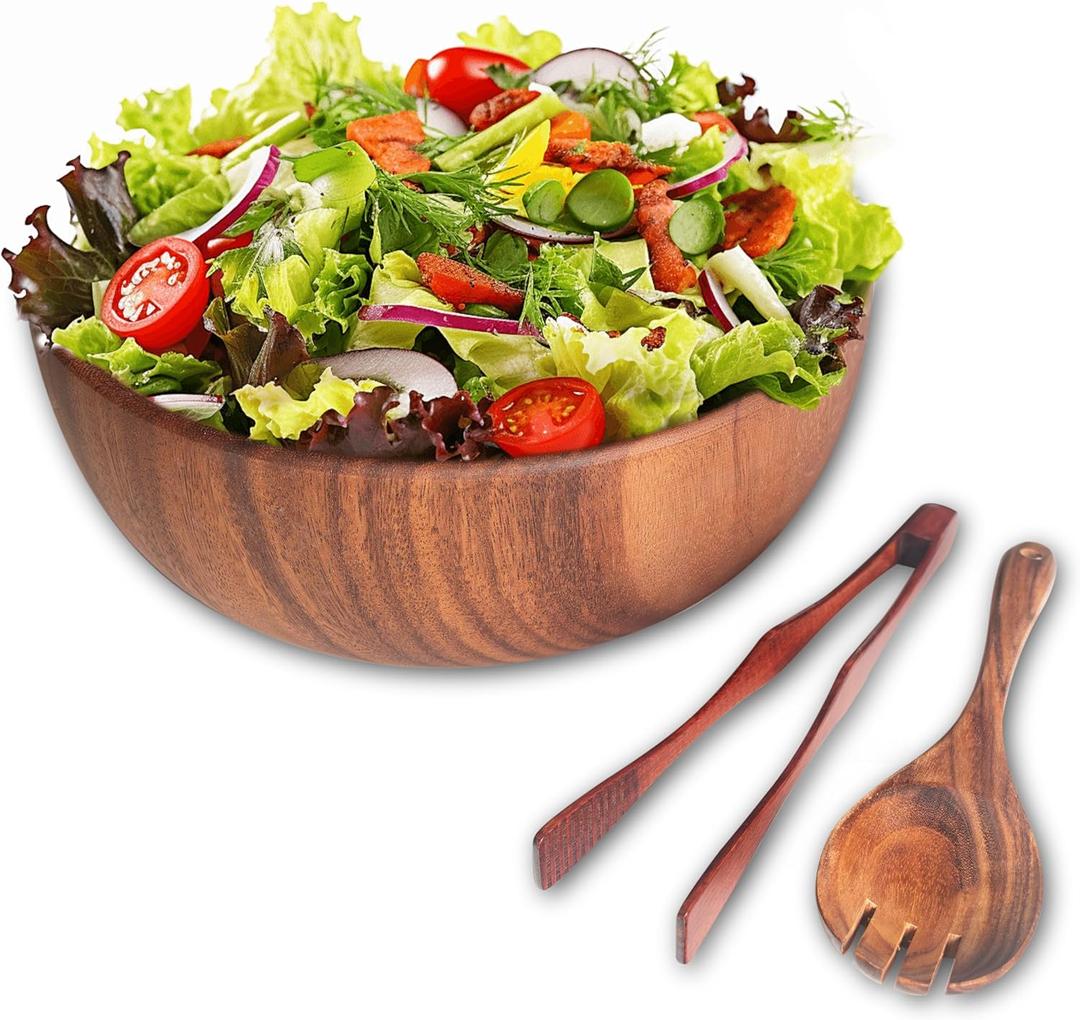 Salad Bowls, Wooden Salad Bowls Set, Large Acacia Wood Serving Bowl for Soup FruitsPopcornBig Salad Bowl with Serving UtensilsIncludes a Spoon And a Pair Of Tongs.